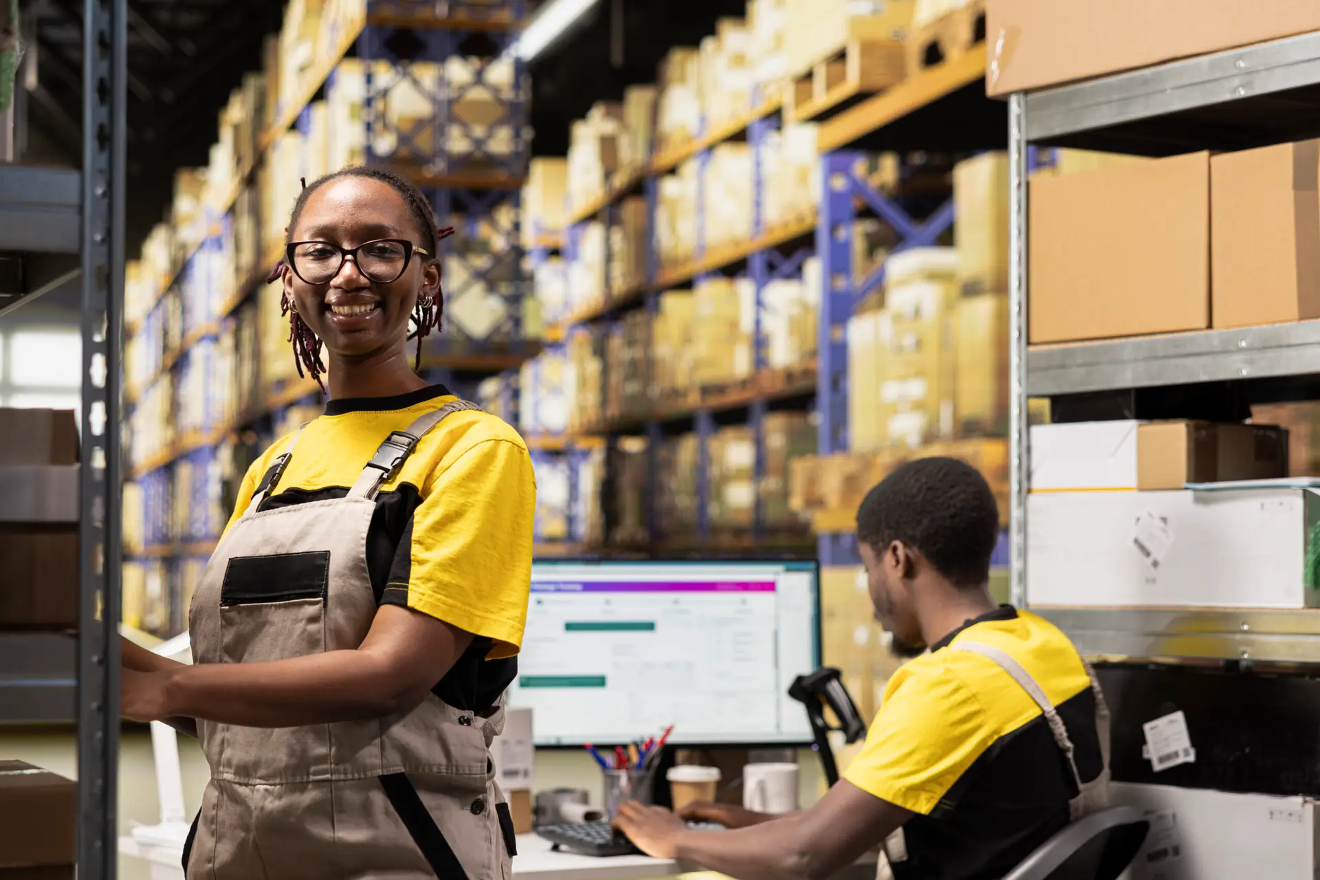 portrait of happy female worker verifying boxes pallets in e commerce warehouse